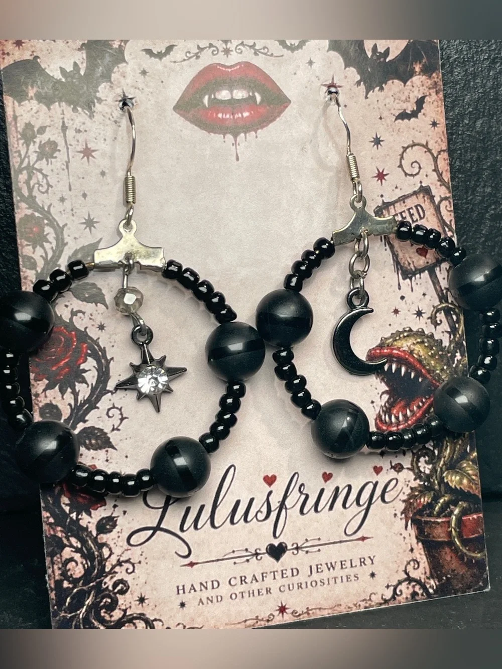 REDUCED Artisan Black Onyx Beaded Hoop Earrings with Moon & Star Charms